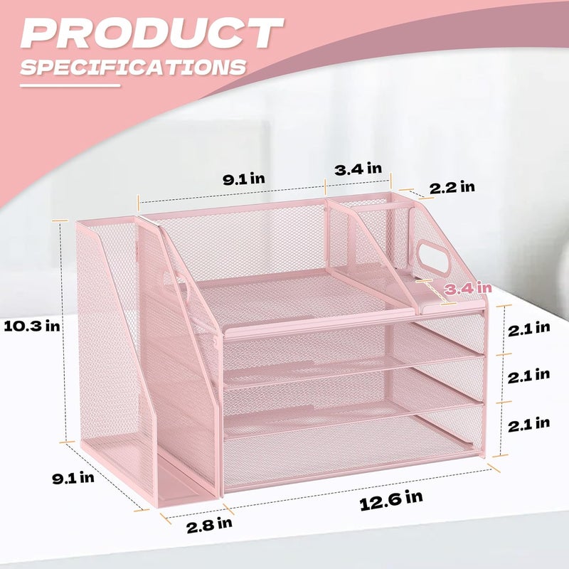 Docnest 4 Tier Paper Letter Tray File Organizer, Mesh Desk File with Handle, Workspace Desk Organizers with Pen Holder, Office Organization Storage Accessories - Pink - Image 2